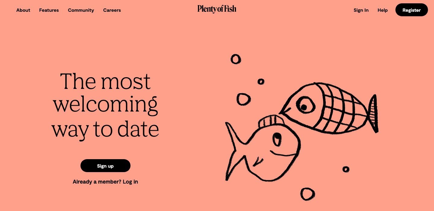 Startseite von Plenty of Fish: Slogan „The most welcoming way to date“, Sign-up-Button und zwei gezeichnete Fische